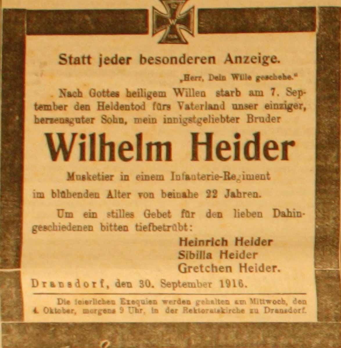 Anzeige in der Deutschen Reichs-Zeitung vom 1. Oktober 1916