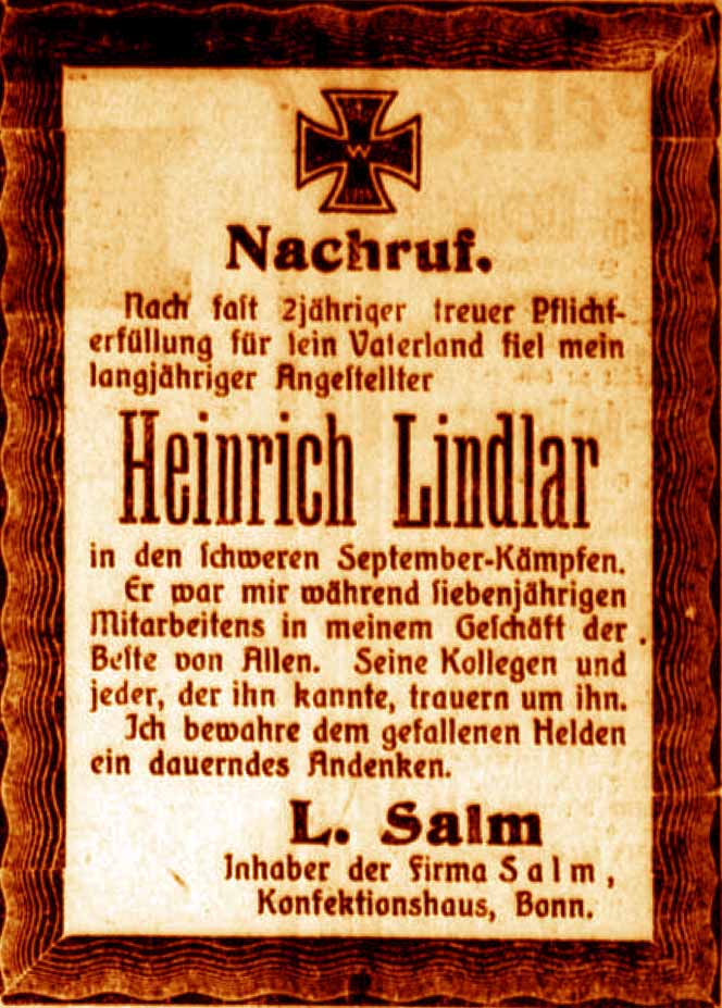 Anzeige im General-Anzeiger vom 7. Oktober 1916