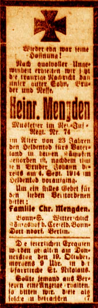 Anzeige im General-Anzeiger vom 15. Oktober 1916