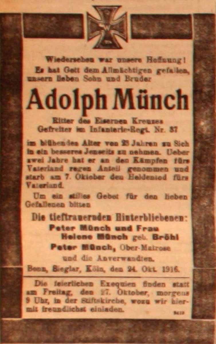 Anzeige in der Deutschen Reichs-Zeitung vom 25. Oktober 1916