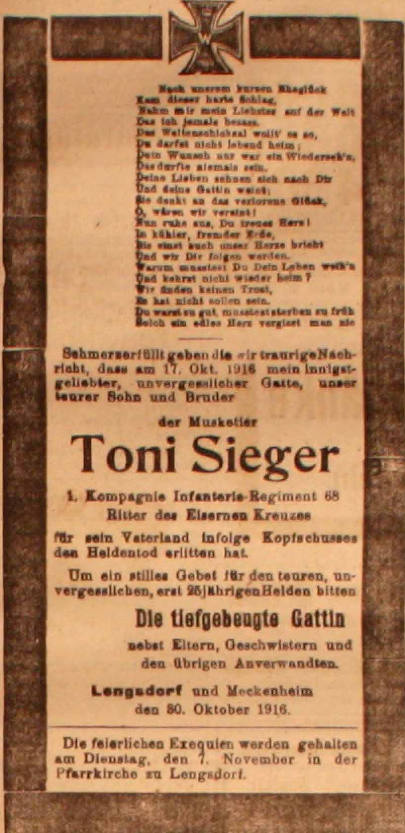 Anzeige in der Deutschen Reichs-Zeitung vom 31. Oktober 1916