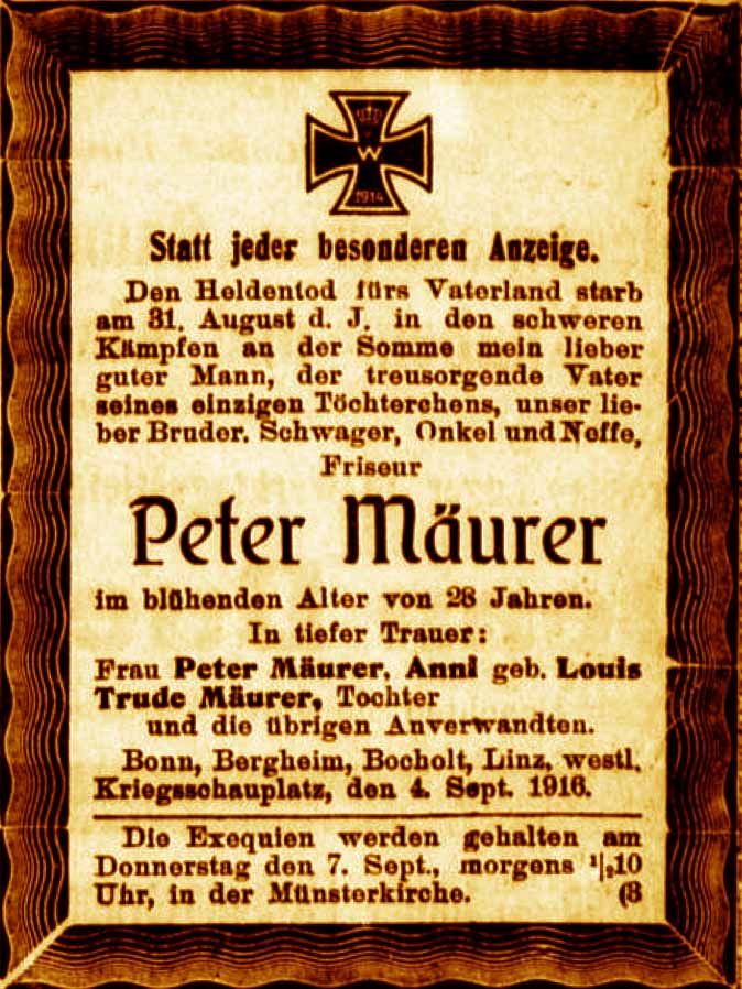 Anzeige im General-Anzeiger vom 5. September 1916