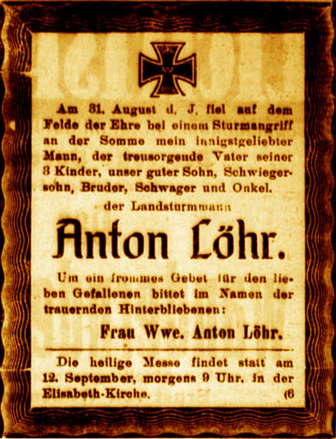 Anzeige im General-Anzeiger vom 9. September 1916