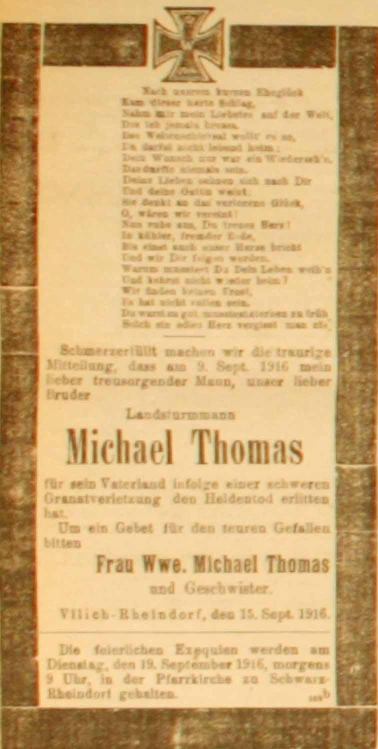 Anzeige in der Deutschen Reichs-Zeitung vom 17. September 1916