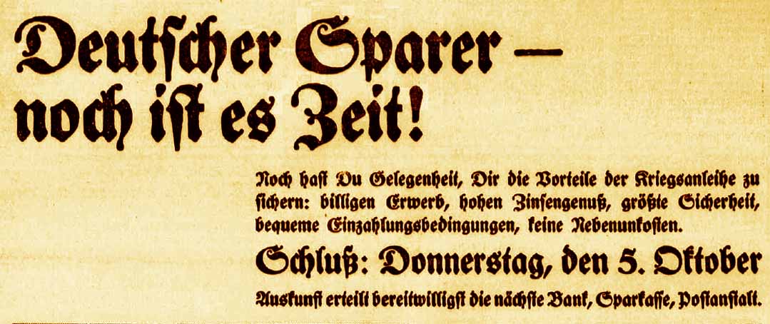 Anzeige in der Bonner Zeitung, im General-Anzeiger und in der Deutschen Reichs-Zeitung vom 26. September 1916
