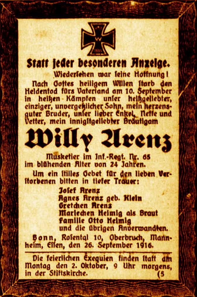 Anzeige im General-Anzeiger vom 29. September 1916