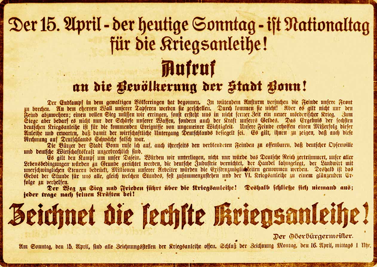 Aufruf des Bonner Oberbürgermeisters Spiritus, der am 15. April 1917 in allen Bonner Zeitungen erschien.