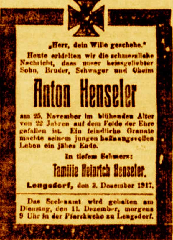 Anzeige in der Deutschen Reichs-Zeitung vom 5. Dezember 1917