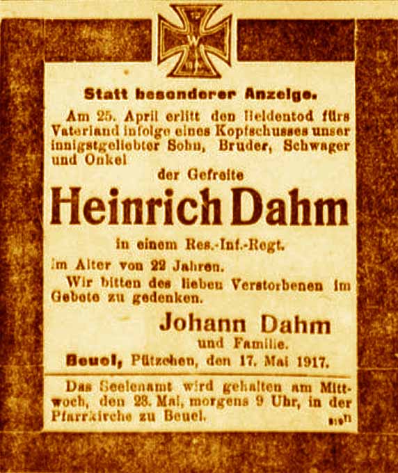 Anzeige in der Deutschen Reichs-Zeitung vom 20. Mai 1917