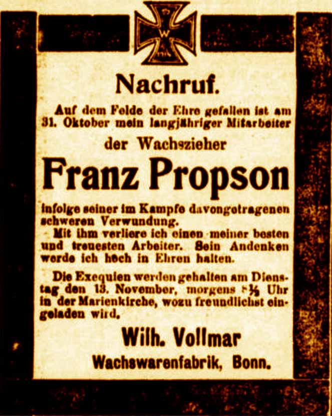 Anzeige in der Deutschen Reichs-Zeitung vom 11. November 1917