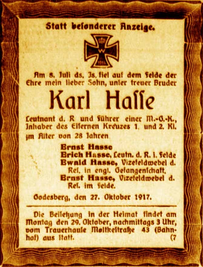 Anzeige im General-Anzeiger vom 28. Oktober 1917