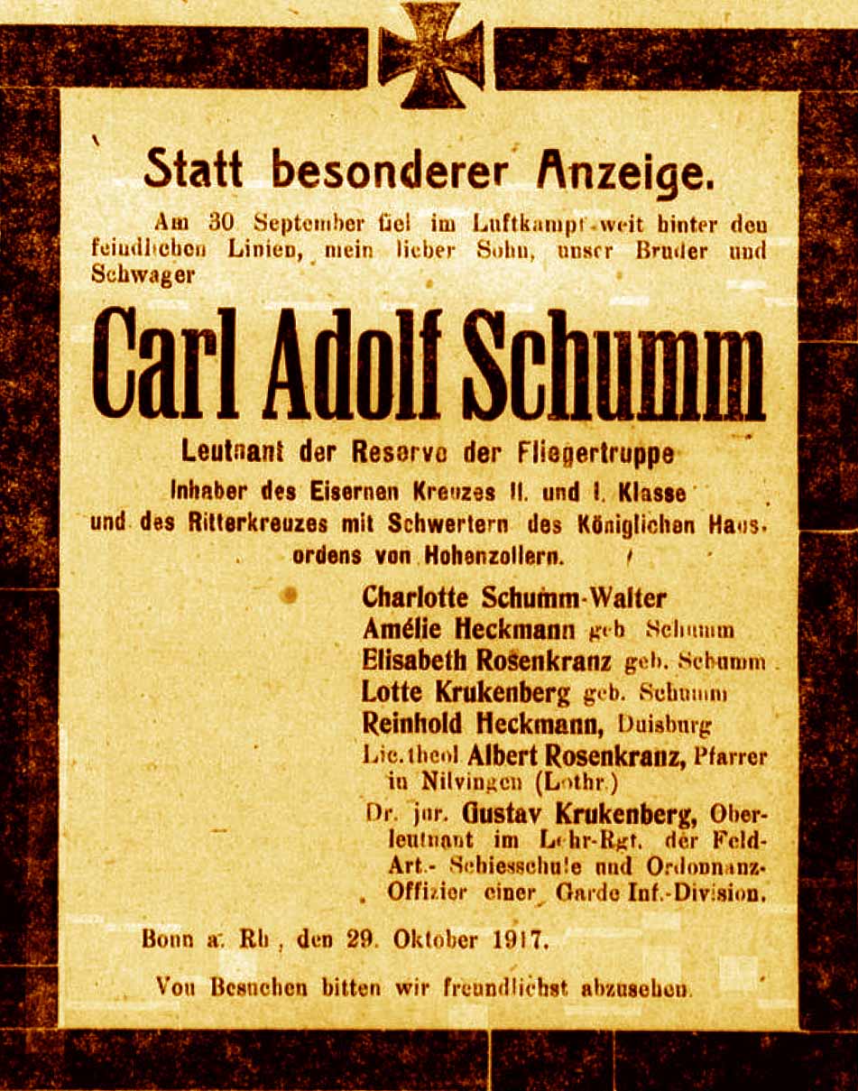 Anzeige in der Bonner Zeitung vom 30. Oktober 1917
