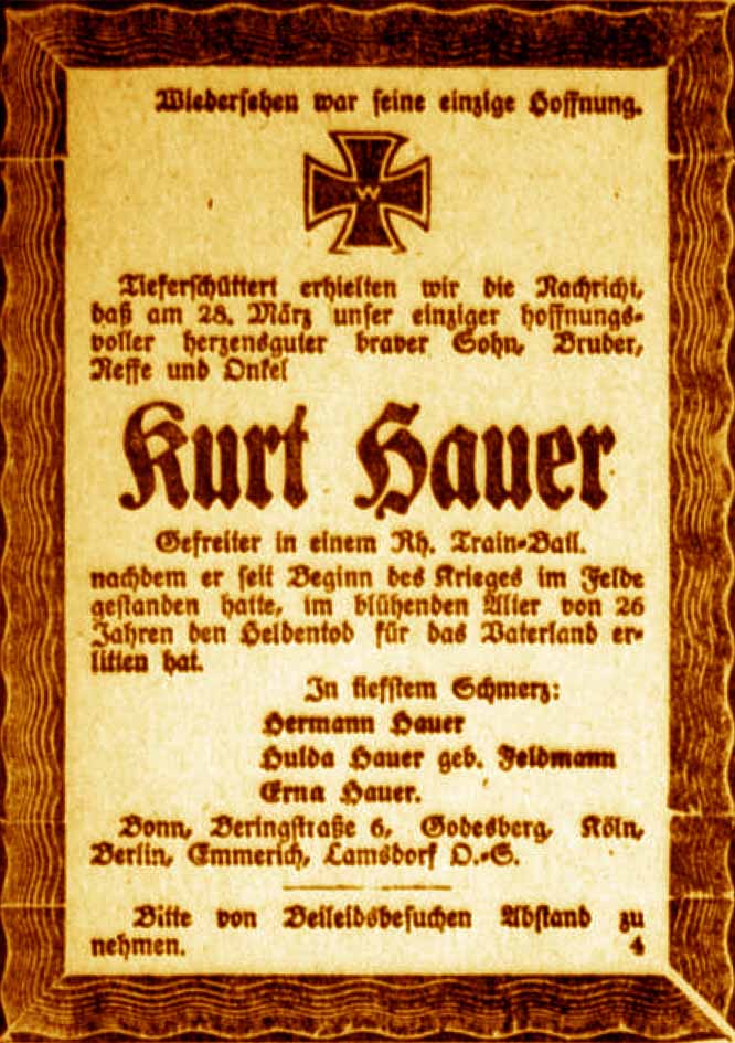 Anzeige im General-Anzeiger vom 4. April 1918