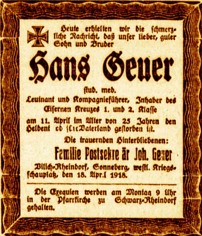 Anzeige im General-Anzeiger vom 20. April 1918