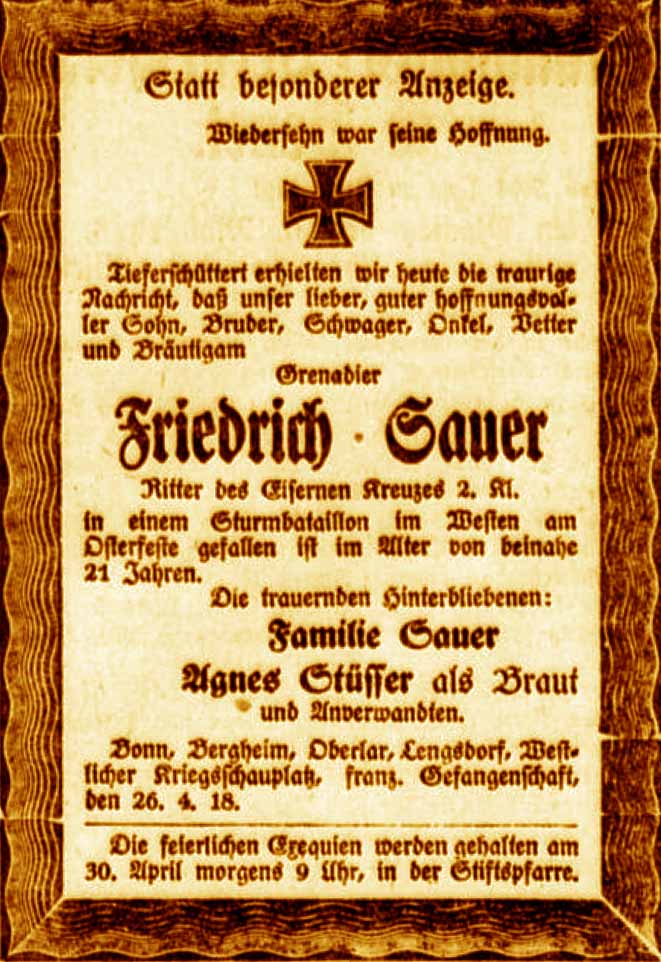 Anzeige im General-Anzeiger vom 28. April 1918