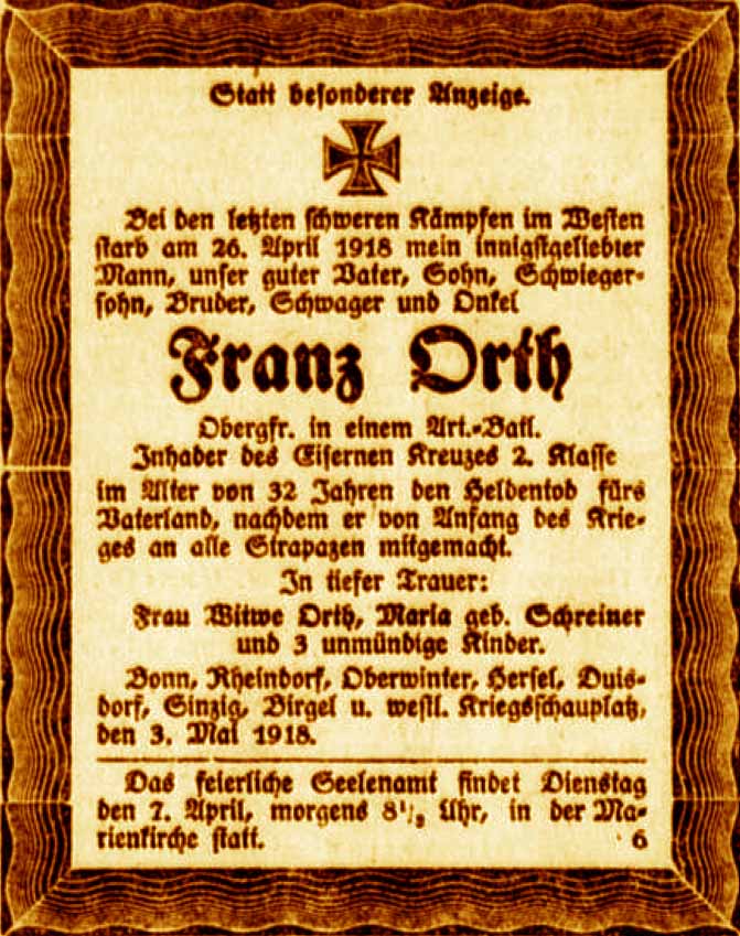 Anzeige im General-Anzeiger vom 4. Mai 1918