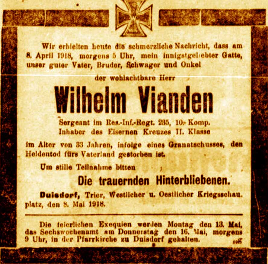 Anzeige in der Deutschen Reichs-Zeitung vom 10. Mai 1918