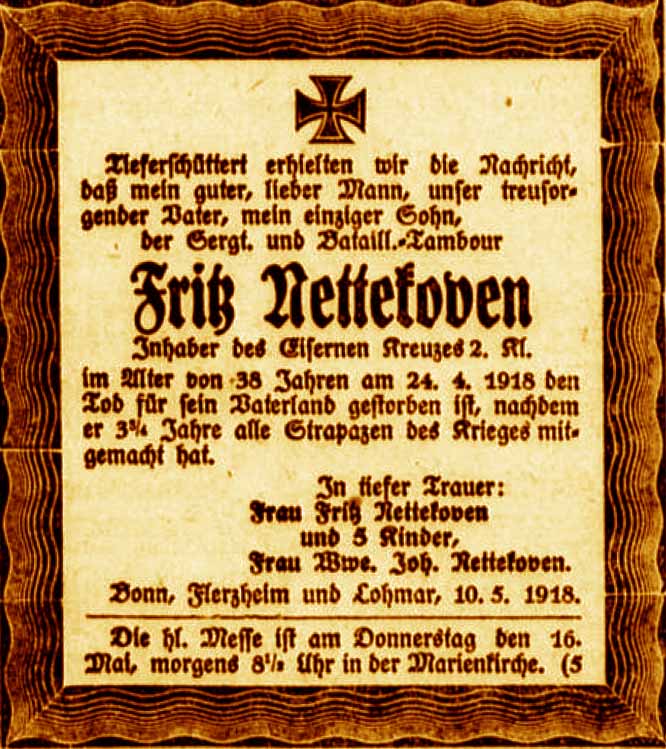Anzeige im General-Anzeiger vom 10. Mai 1918