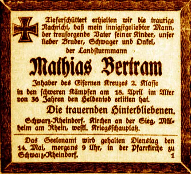 Anzeige im General-Anzeiger vom 13. Mai 1918