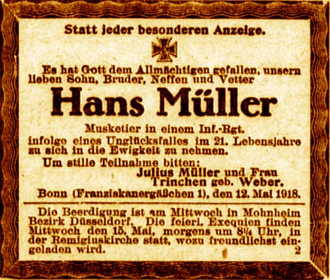 Anzeige im General-Anzeiger vom 14. Mai 1918
