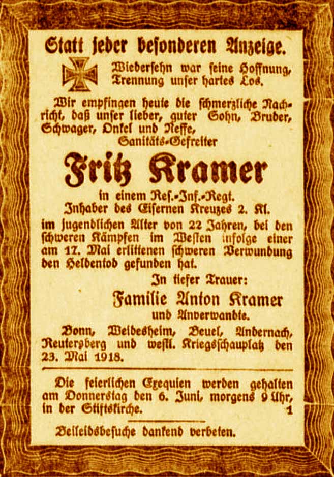 Anzeige im General-Anzeiger vom 27. Mai 1918