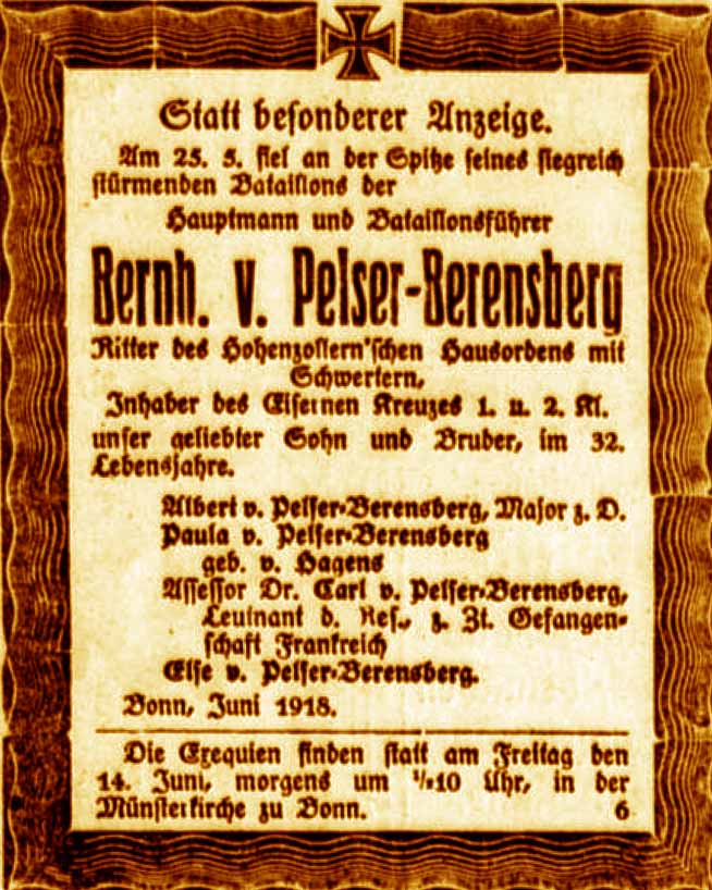 Anzeige im General-Anzeiger vom 8. Juni 1918