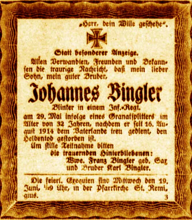 Anzeige im General-Anzeiger vom 12. Juni 1918