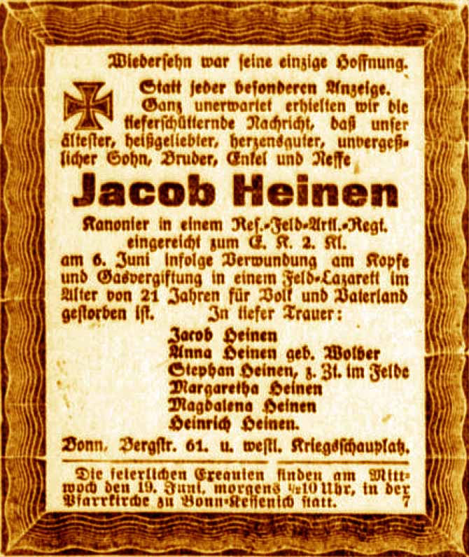 Anzeige im General-Anzeiger vom 16. Juni 1918