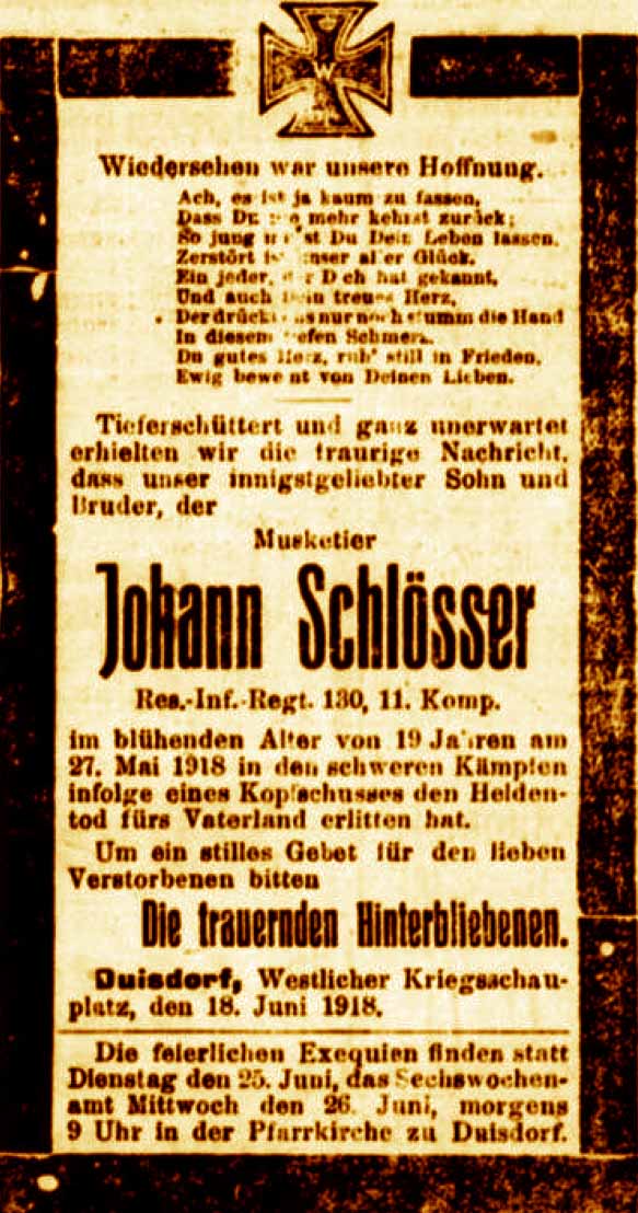 Anzeige in der Deutschen Reichs-Zeitung vom 19. Juni 1918