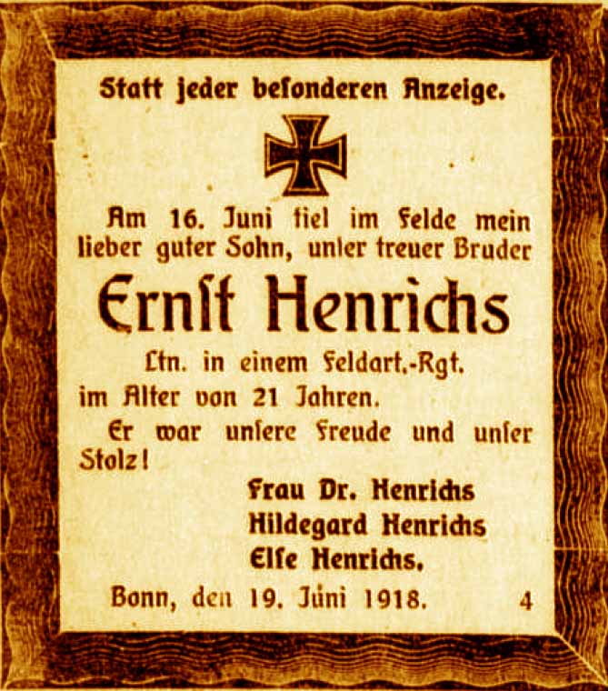 Anzeige im General-Anzeiger vom 20. Juni 1918