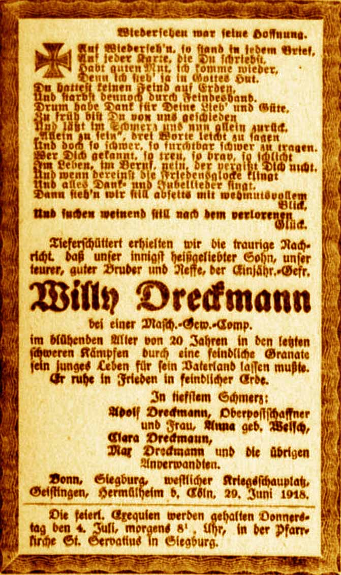 Anzeige im General-Anzeiger vom 30. Juni 1918