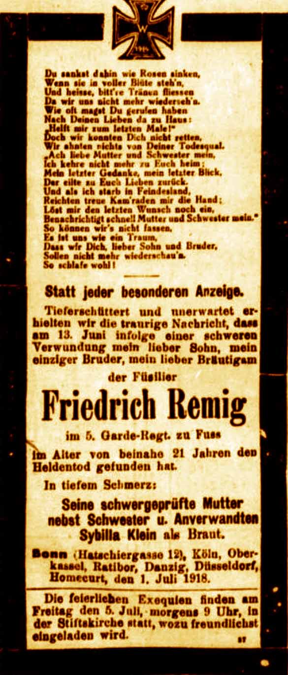 Anzeige in der Deutschen Reichs-Zeitung vom 3. Juli 1918