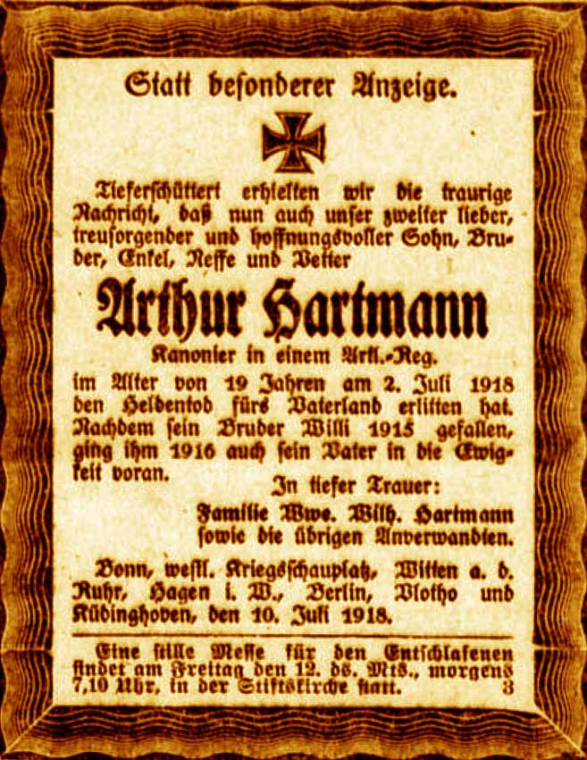 Anzeige im General-Anzeiger vom 10. Juli 1918