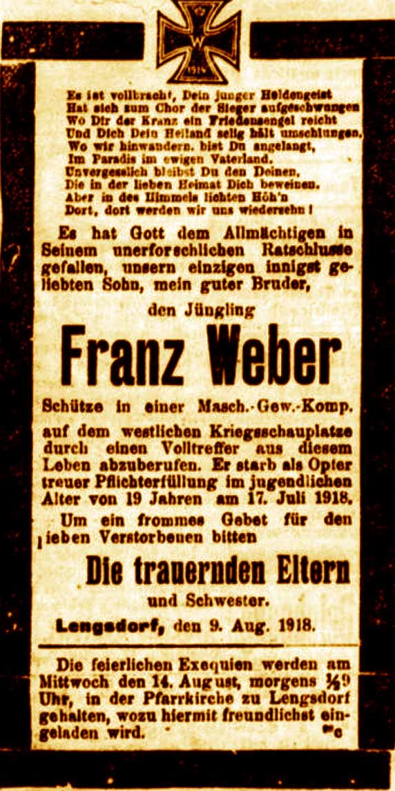 Anzeige in der Deutschen Reichs-Zeitung vom 9. August 1918