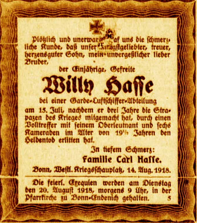 Anzeige im General-Anzeiger vom 16. August 1918