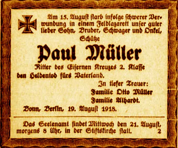 Anzeige im General-Anzeiger vom 20. August 1918