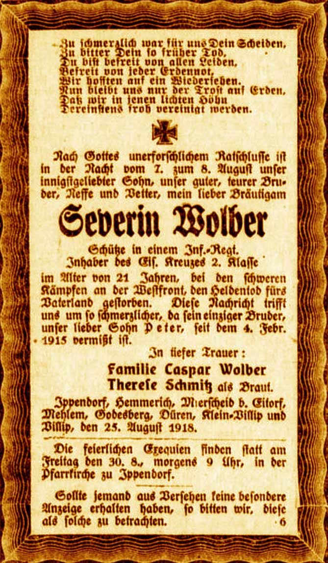 Anzeige im General-Anzeiger vom 24. August 1918