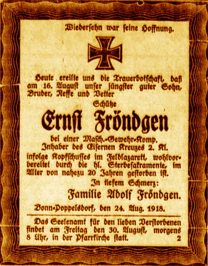 Anzeige im General-Anzeiger vom 27. August 1918