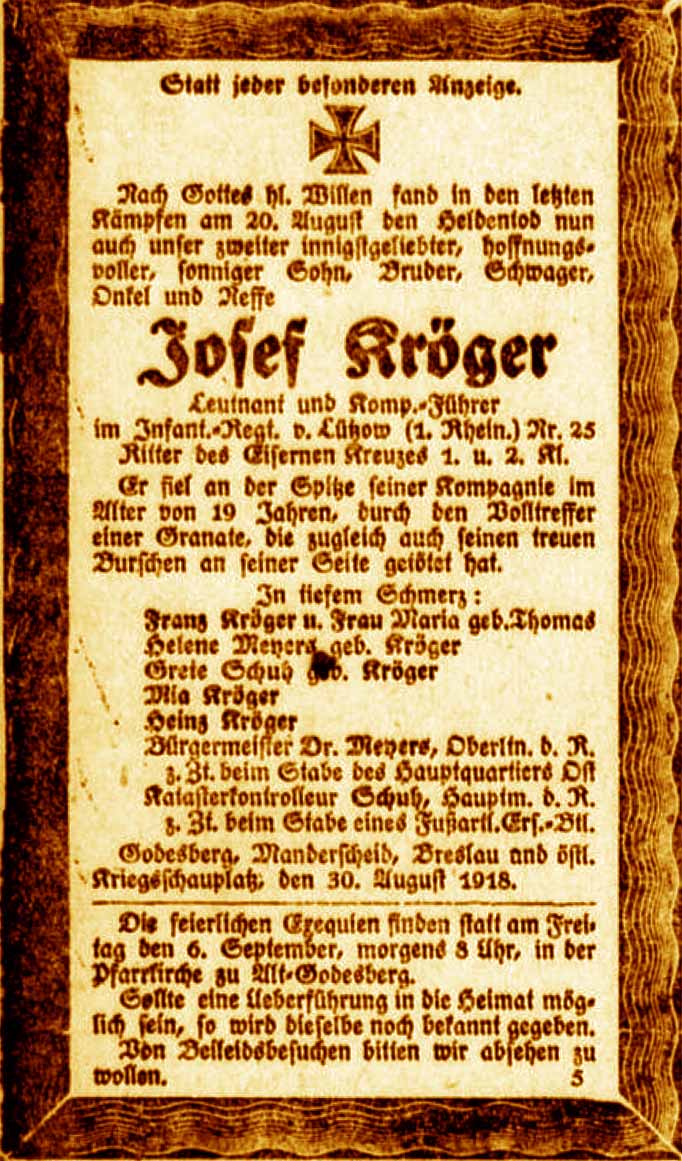 Anzeige im General-Anzeiger vom 30. August 1918
