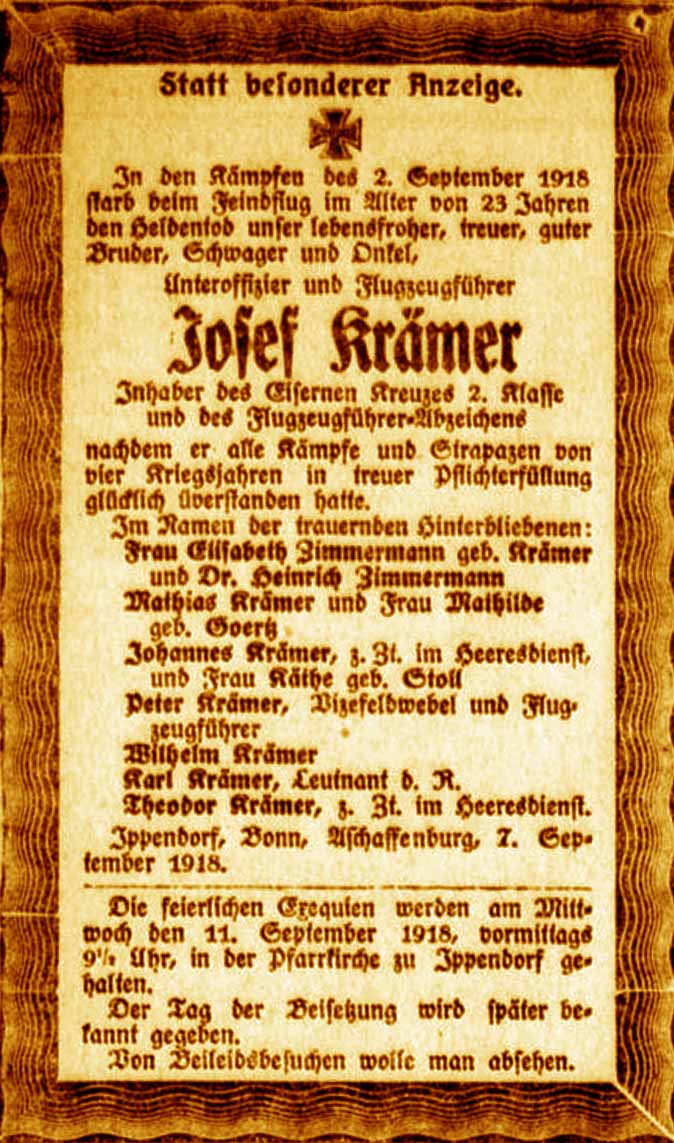 Anzeige im General-Anzeiger vom 9. September 1918