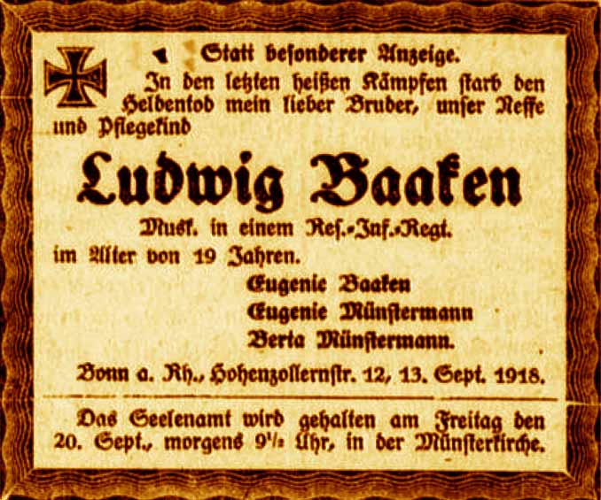 Anzeige im General-Anzeiger vom 16. September 1918