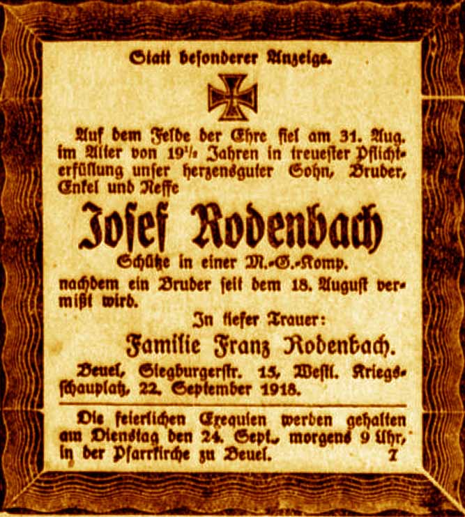 Anzeige im General-Anzeiger vom 22. September 1918