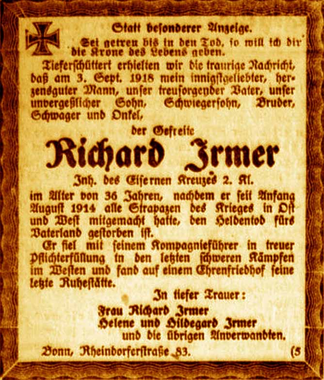 Anzeige im General-Anzeiger vom 4. Oktober 1918