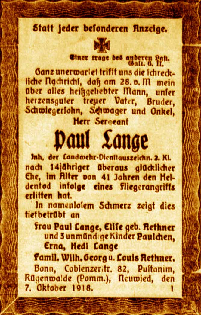 Anzeige im General-Anzeiger vom 7. Oktober 1918