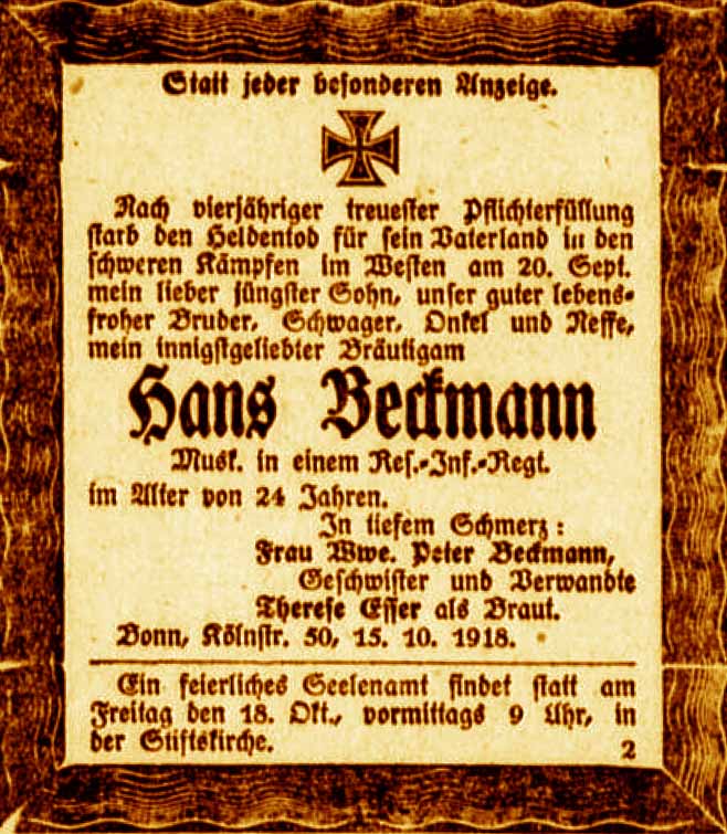 Anzeige im General-Anzeiger vom 15. Oktober 1918