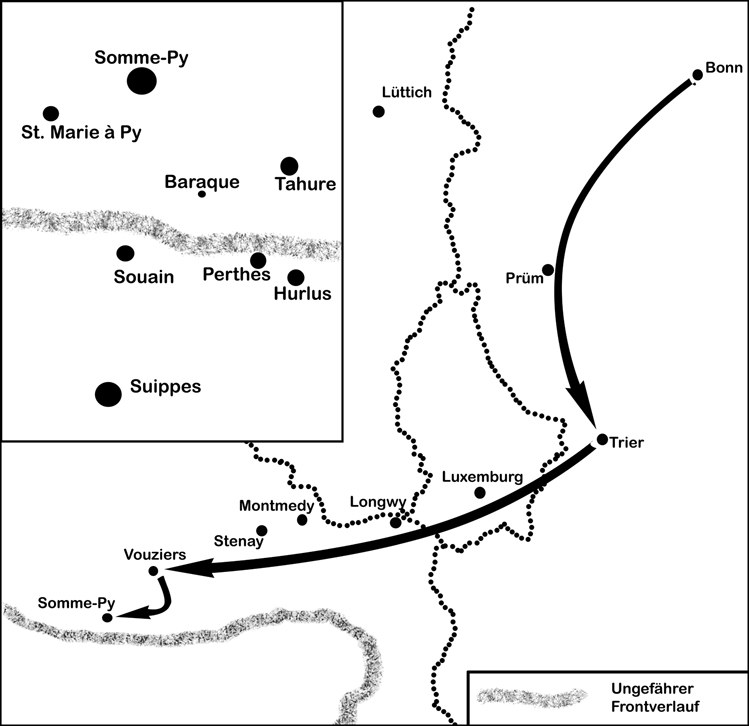 Route der ersten Bonner Liebesgabenfahrt (24.-26.9.1914) mit der Umgebung von Somme-Py.
