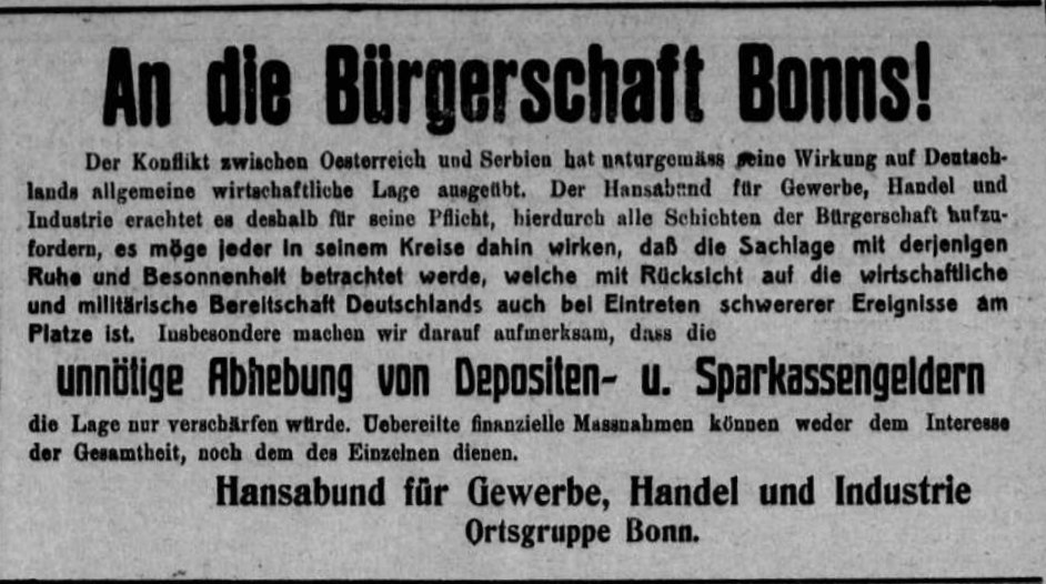 Anzeige aus der Bonner Zeitung vom 30. Juli 1914